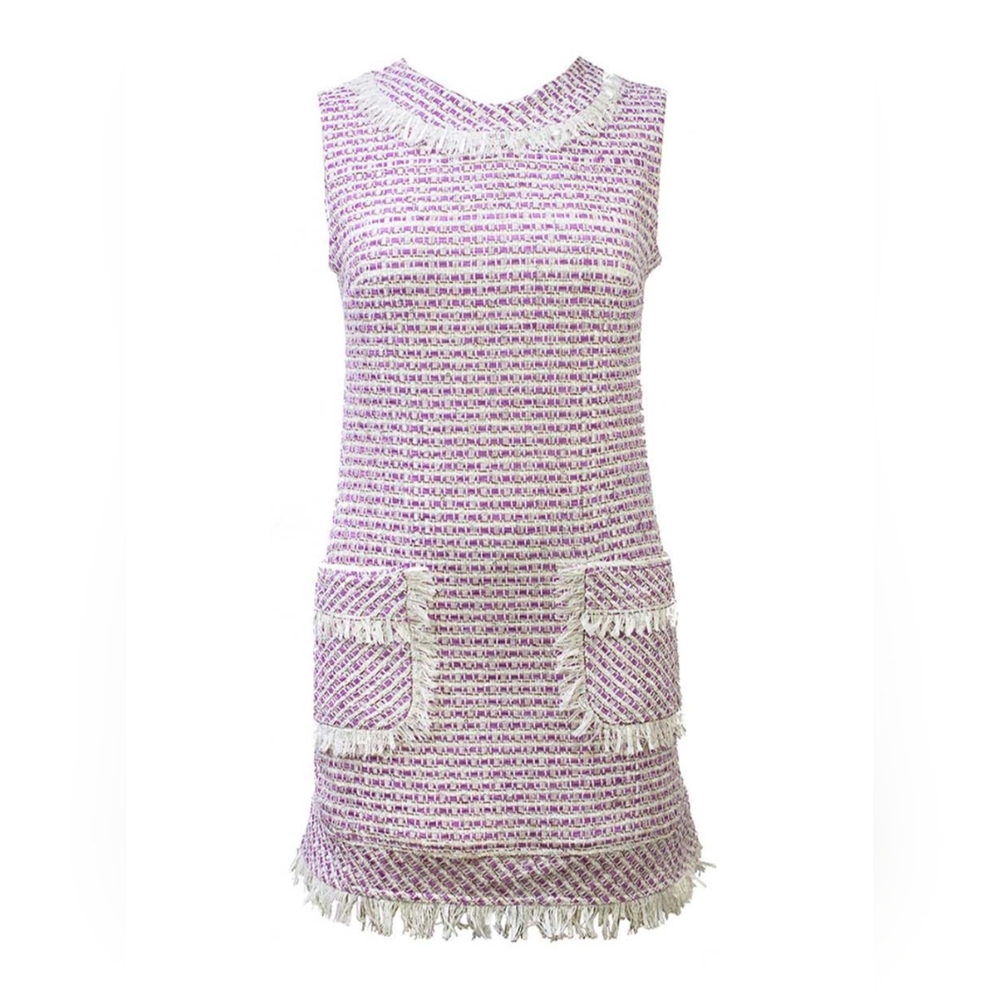 PINK TARTAN* NWT lilac tweed sequin ribbon fringe patch pkt zip back midi dress